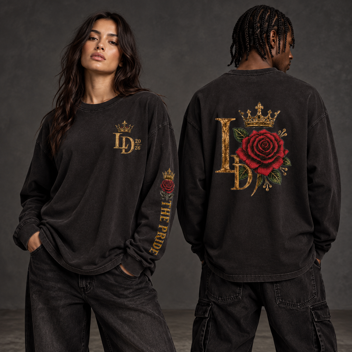 Two models wearing the black Lions Den Crowned LD Rose vintage-wash long-sleeve tee, shown from the front, printed sleeve, and back