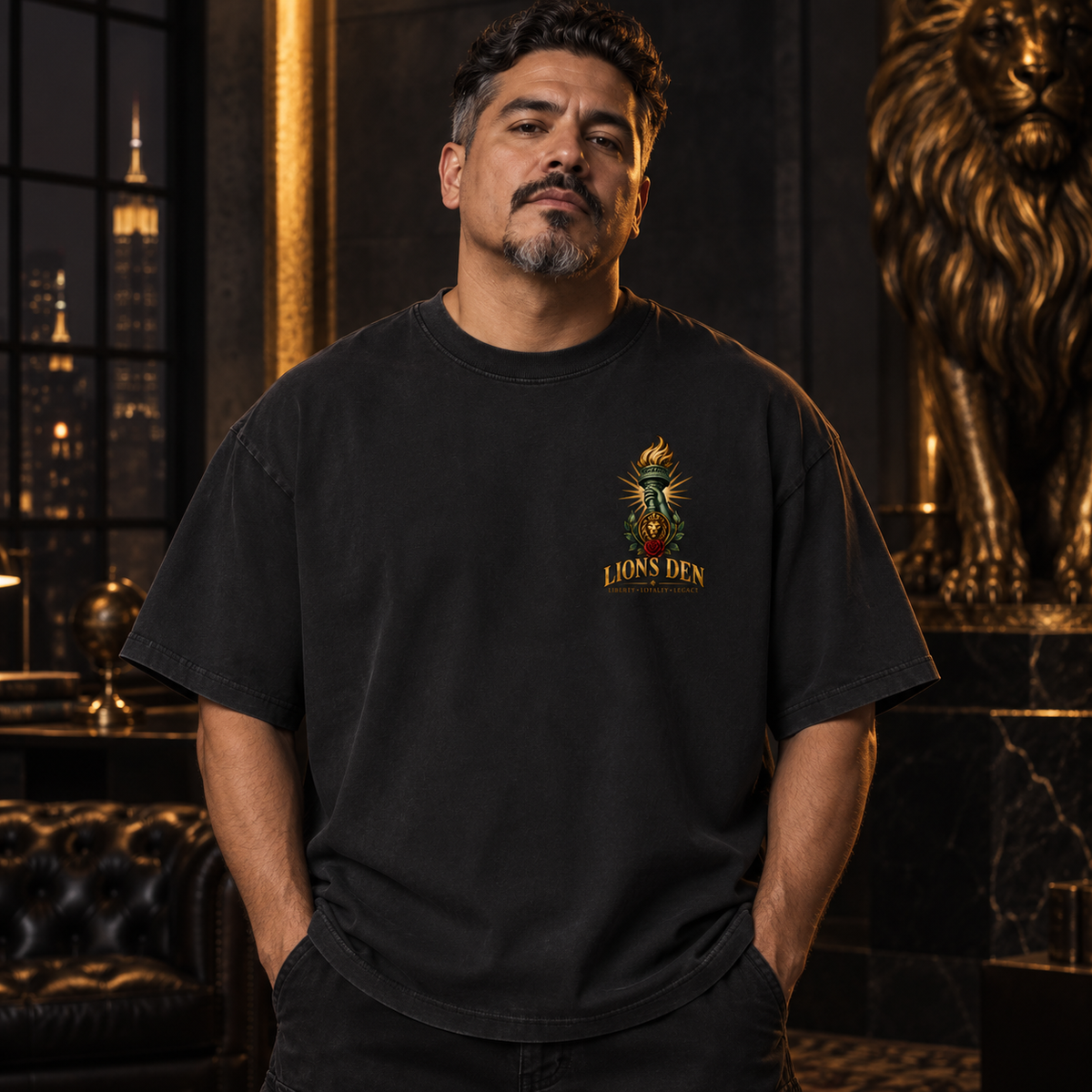 Model wearing the Crowned Lion Signature Vintage-Wash Oversized Tee