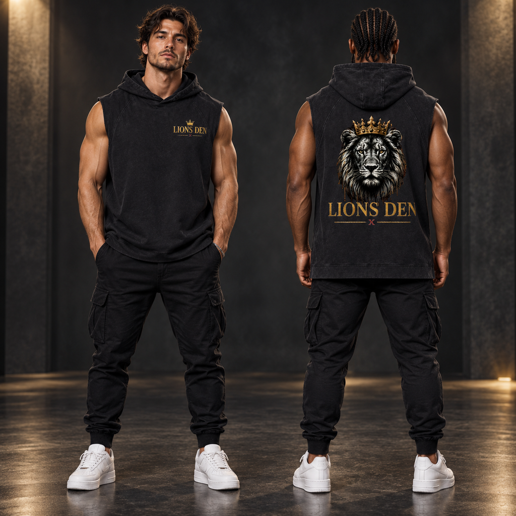 Two models wearing the black Lions Den Crowned Lion snow-washed sleeveless hoodie, shown from the front and back