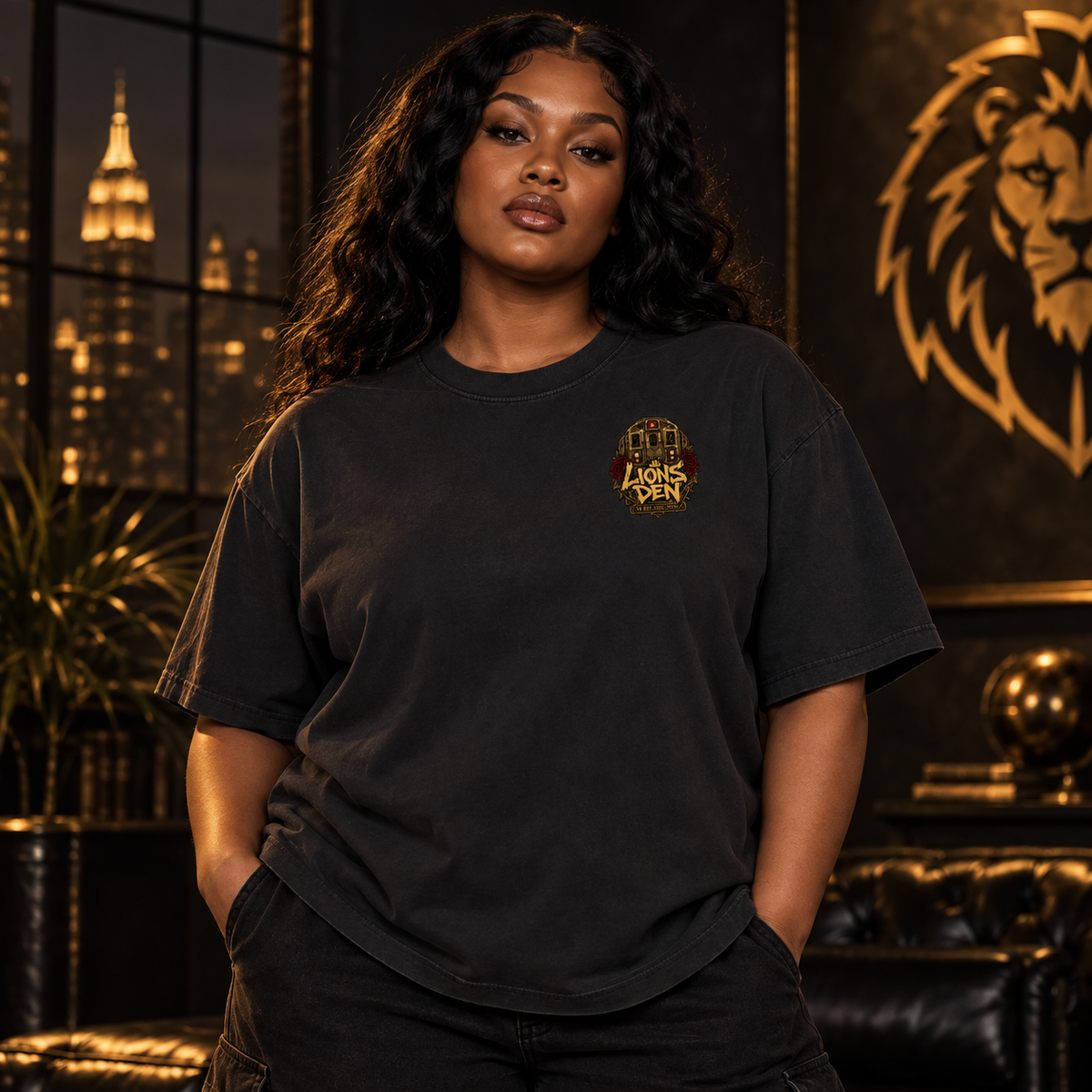 Model wearing the Crowned Rose Crest Vintage-Wash Oversized Tee