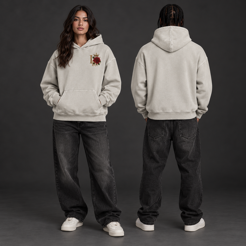 Two models wearing the light-gray Lions Den Crowned Rose Monogram vintage-wash boxy hoodie, shown from the front and blank back