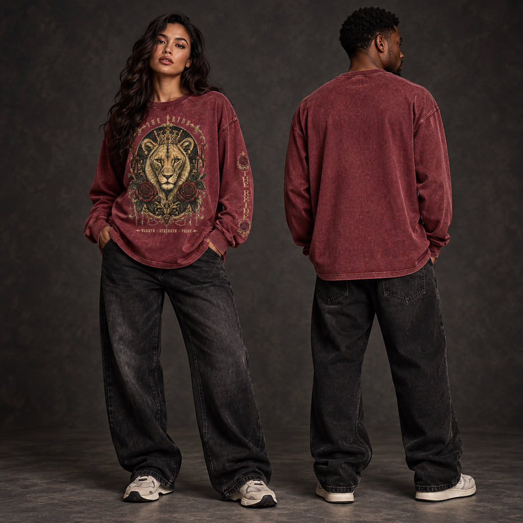 Lioness Crown & Roses Acid-Wash Oversized Long-Sleeve Tee