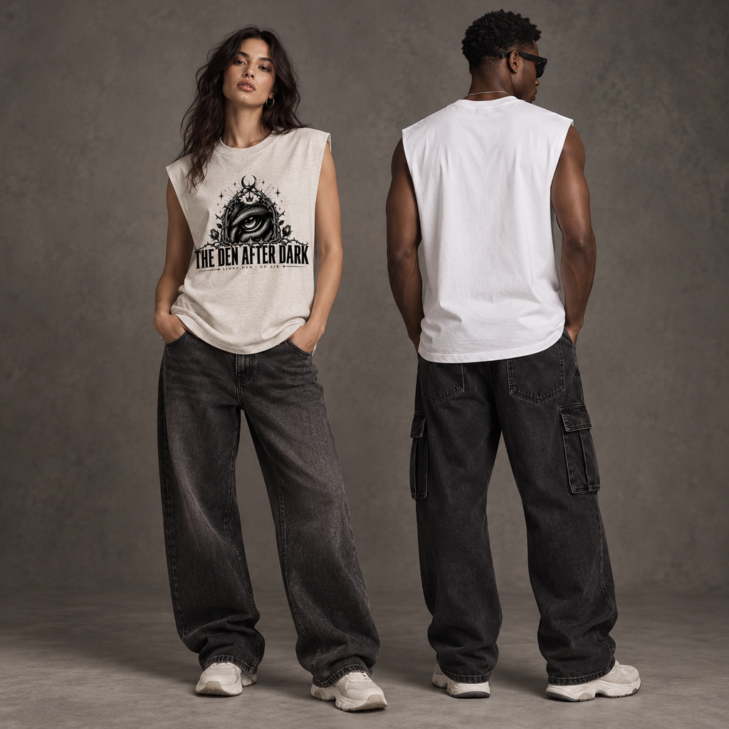 Two models wearing The Den After Dark raw-edge tank in off-white and white, shown from the front and blank back