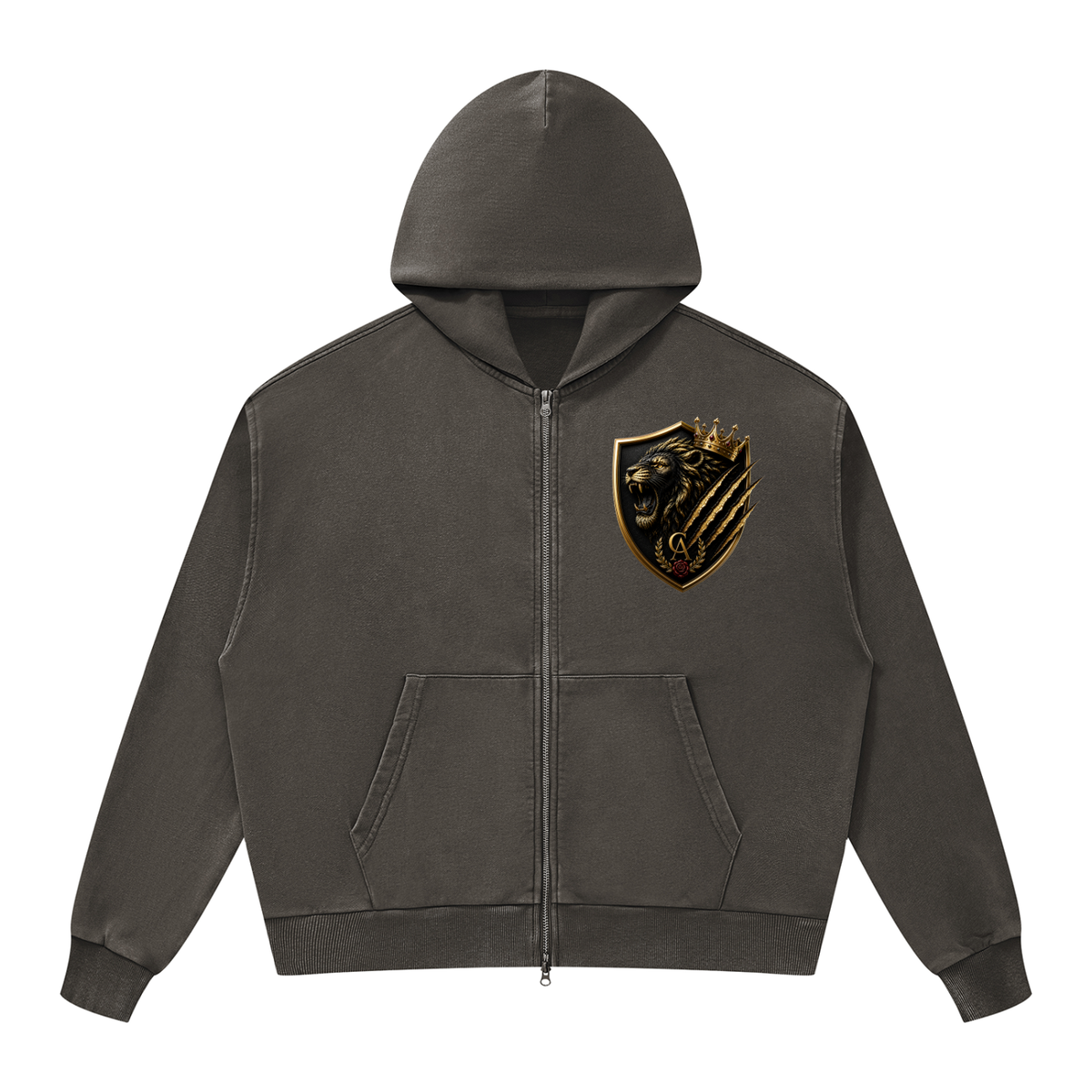 Royal Lion Shield Mineral-Wash Boxy Zip Hoodie