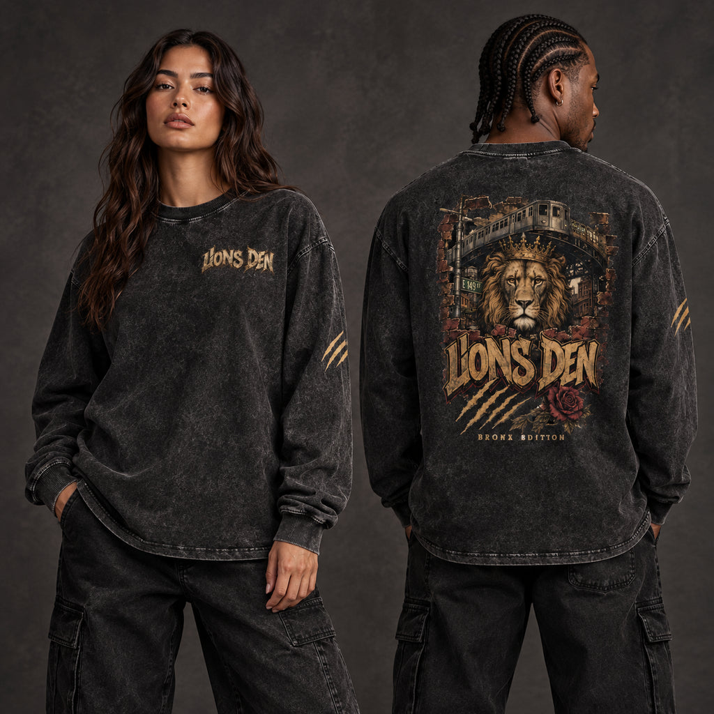 Bronx Edition Lion Acid-Wash Oversized Long-Sleeve Tee