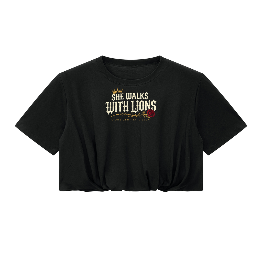 She Walks With Lions Women’s Bubble-Hem Crop Tee