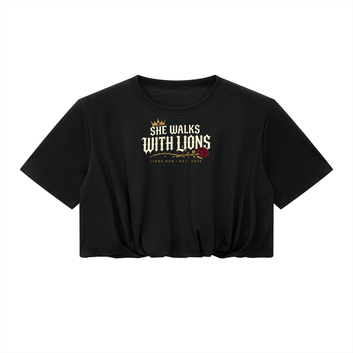 She Walks With Lions Women’s Bubble-Hem Crop Tee