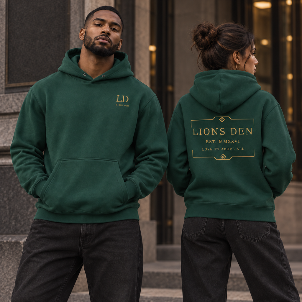 Two models wearing the Lions Den Framed Loyalty heavyweight hoodie in Retro Green, shown from the front and back