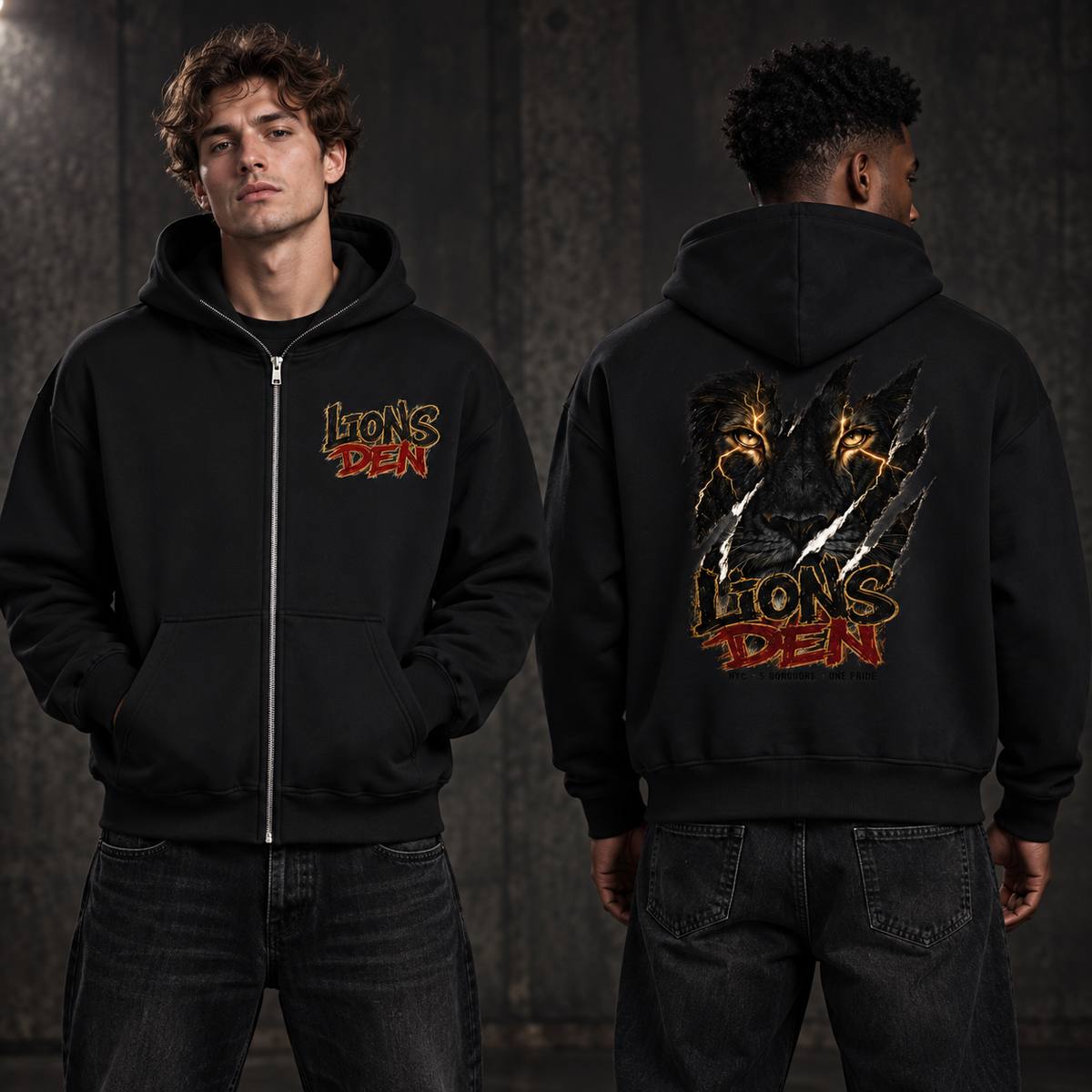 Models showing front and back of the black Lions Den graffiti lion boxy full-zip hoodie