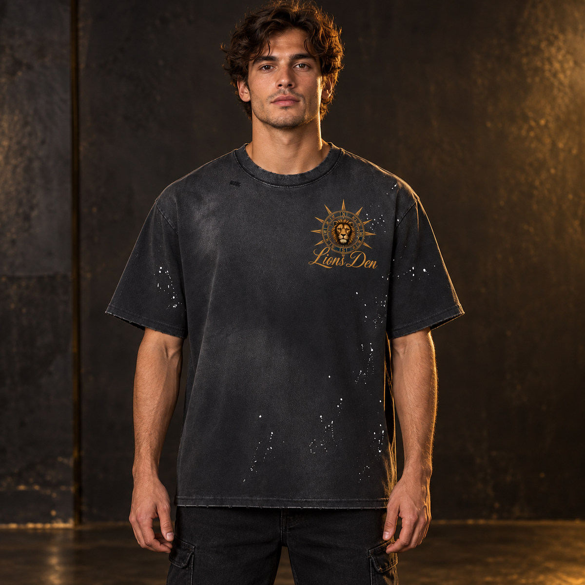 Hand-Frayed Sunfade Paint Splatter T-Shirt on model