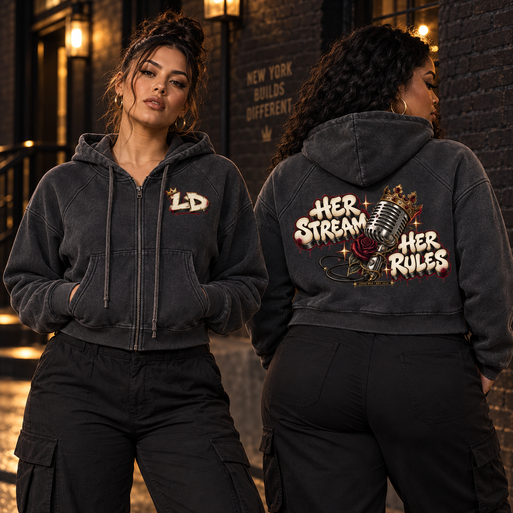 Two women modeling the Lions Den Her Stream Her Rules snow-washed cropped hoodie, showing front and back
