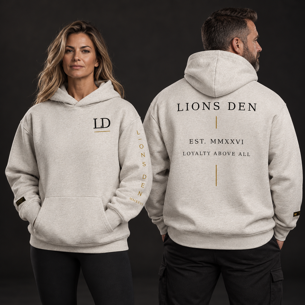 Models showing front and back of the oat-gray Lions Den Heritage Loyalty Above All heavyweight hoodie