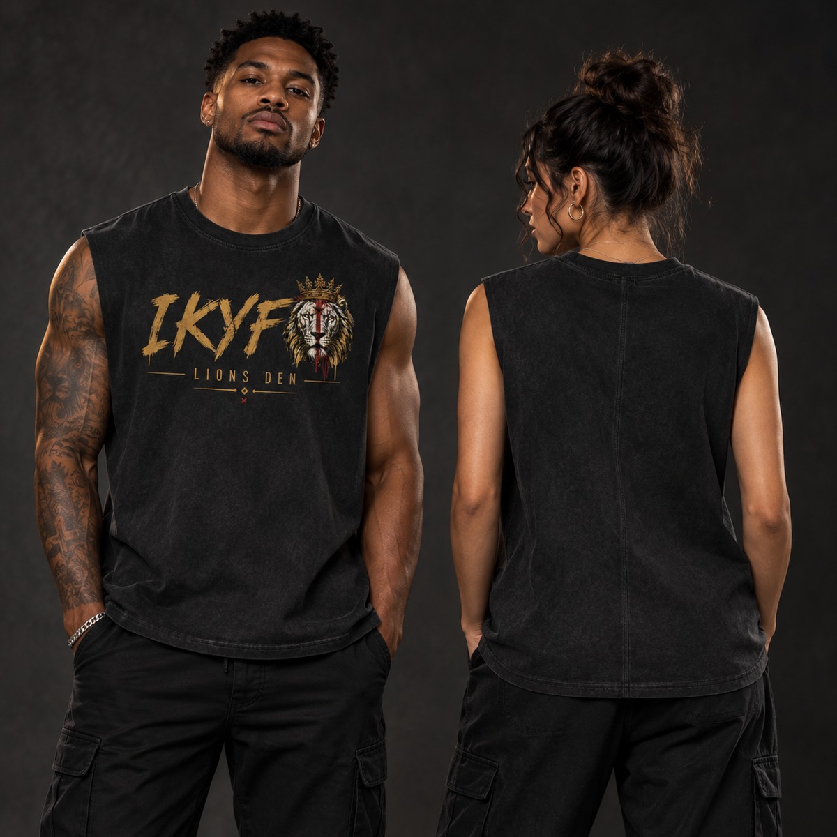 Two models wearing the black Lions Den IKYF Crowned Lion reverse-wash tank, shown from the front and blank back