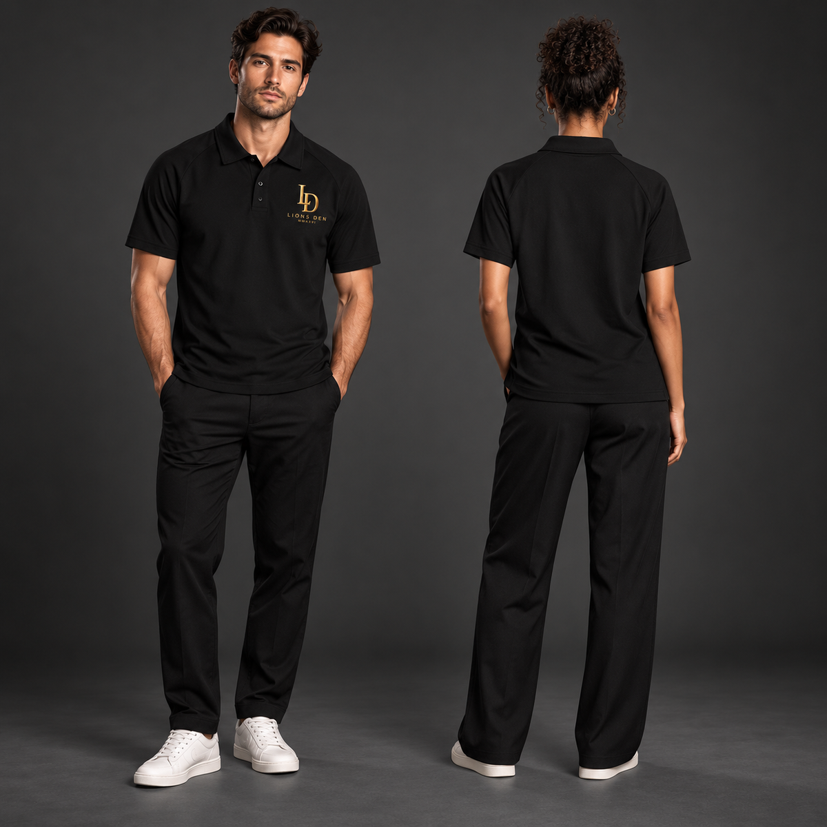 Two models wearing the black Lions Den LD MMXXVI classic polo, shown from the front and blank back