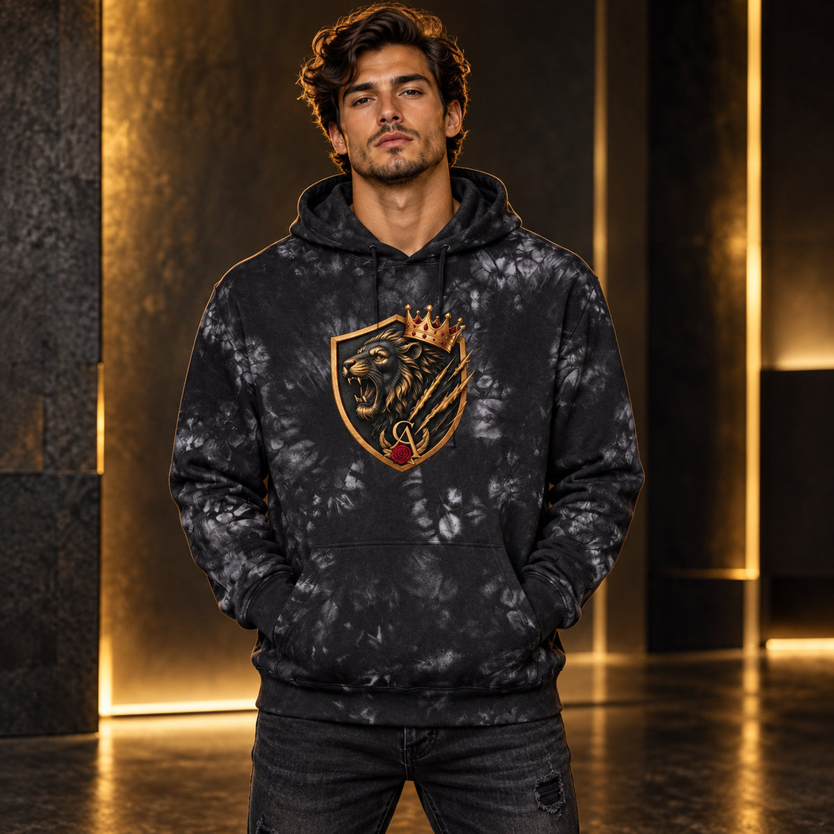 LD Tie-Dye Black Hoodie on male model