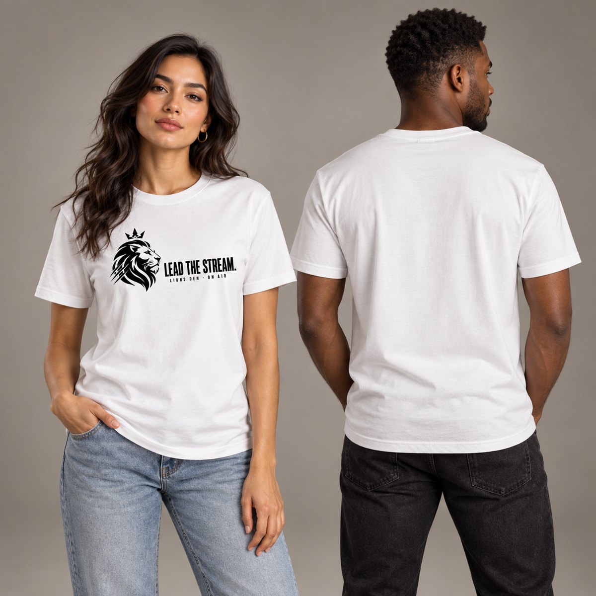 Two models wearing the white Lions Den Lead the Stream classic crewneck tee, shown from the front and blank back