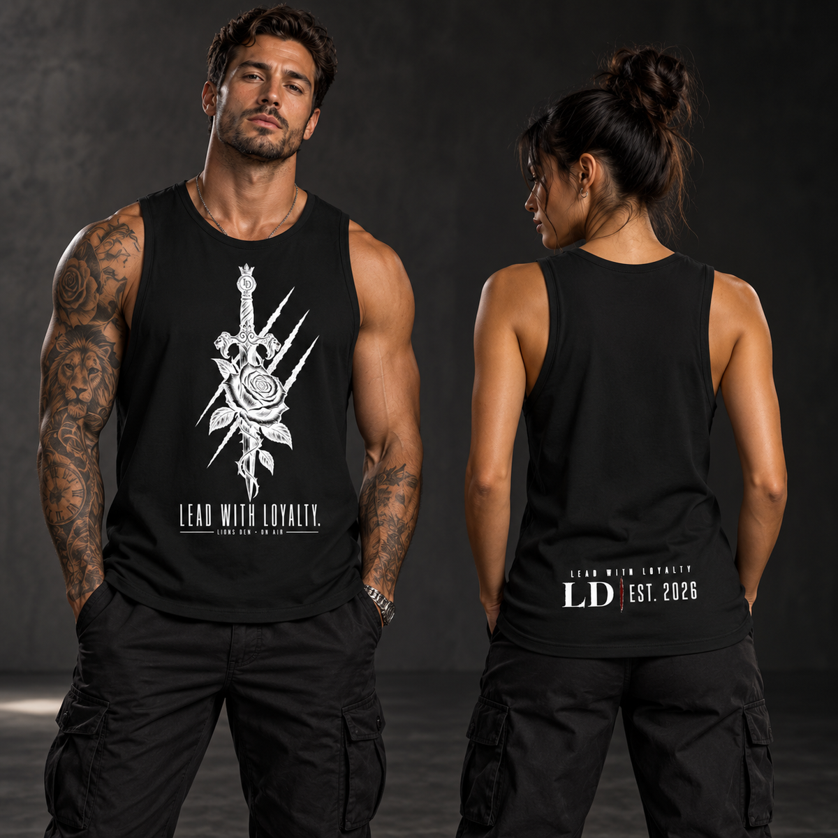 Two models wearing the black Lions Den Lead With Loyalty crewneck tank, shown from the front and back