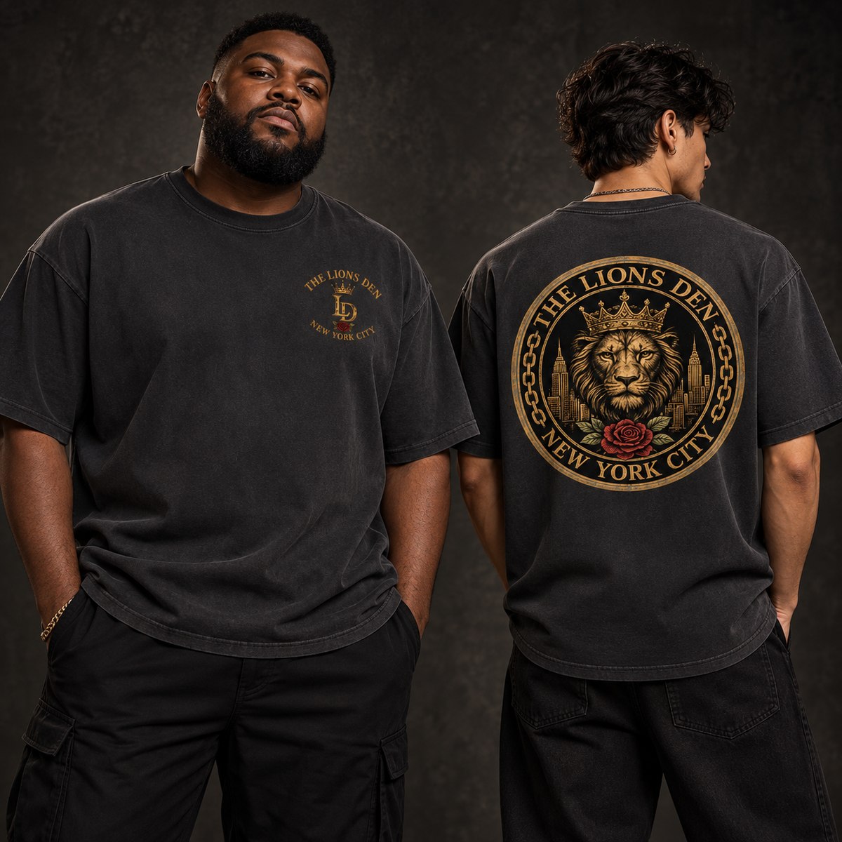 Models showing front and back of the Lions Den New York City lion profile seal vintage-wash tee