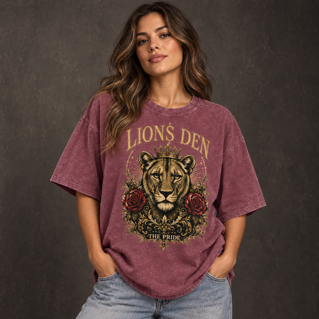Lioness Crown and Roses Snow-Wash Oversized Tee on model