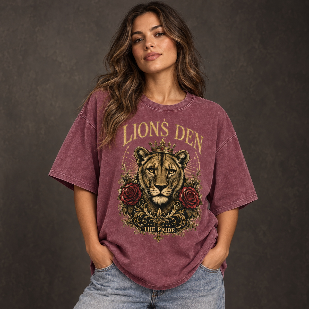 Lioness Crown and Roses Snow-Wash Oversized Tee on model