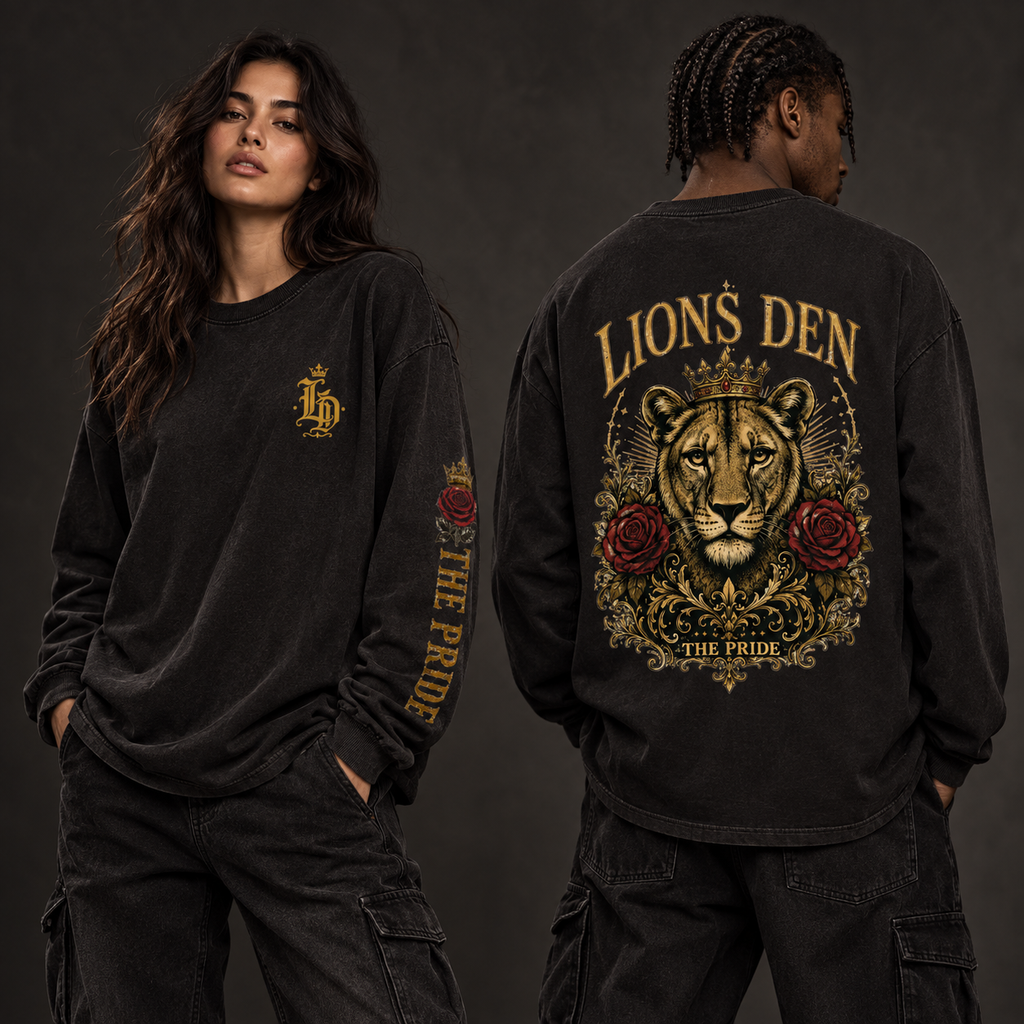 Two models wearing the black Lions Den Lioness Rose Pride vintage-wash long-sleeve tee, shown from the front, printed sleeve, and back