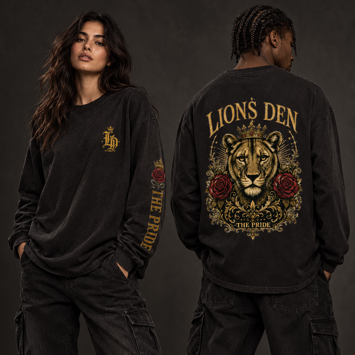 Two models wearing the black Lions Den Lioness Rose Pride vintage-wash long-sleeve tee, shown from the front, printed sleeve, and back