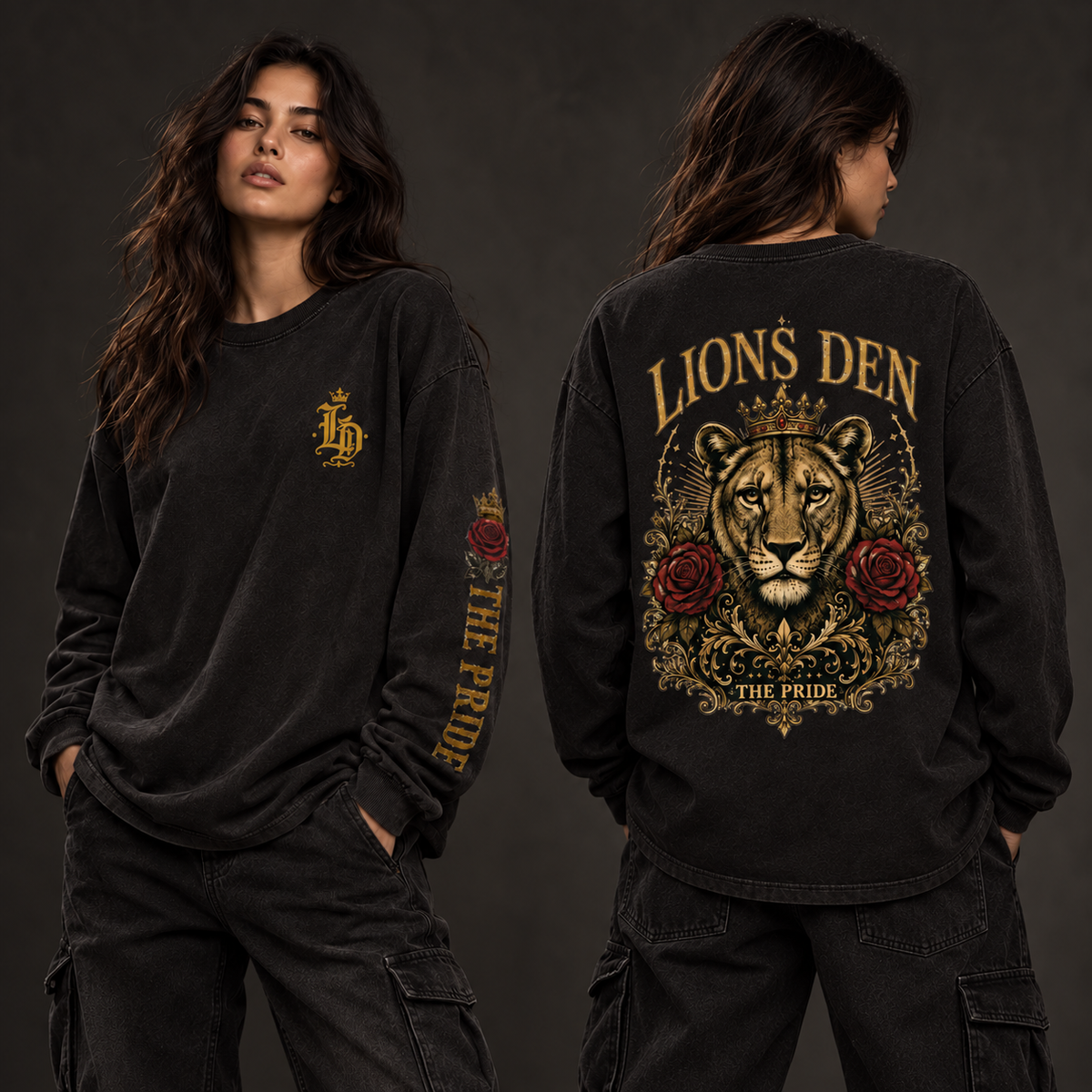 Women modeling the Lioness Rose Pride vintage-wash long-sleeve tee, front and back
