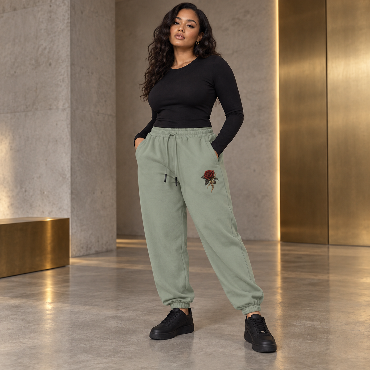 Pride Rose heavyweight fleece joggers on model