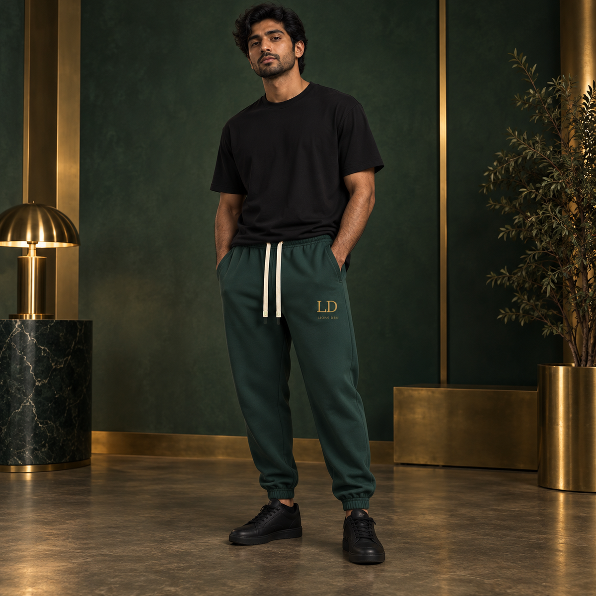LD Lions Den heavyweight cotton joggers on model