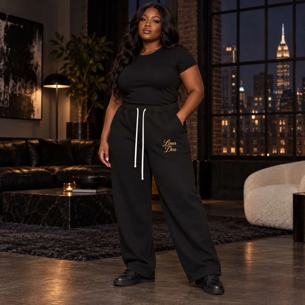 Lions Den Script straight-leg fleece pants on model