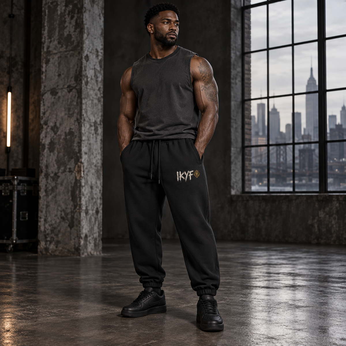 IKYF heavyweight fleece joggers on model