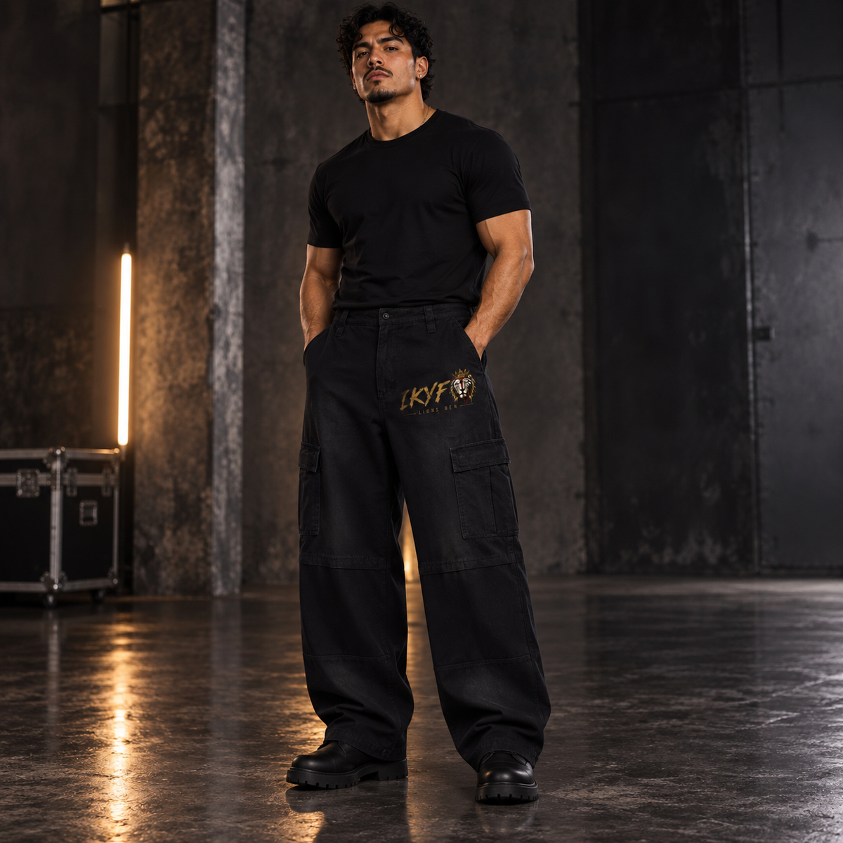 IKYF crowned lion sunfade cargo pants on model