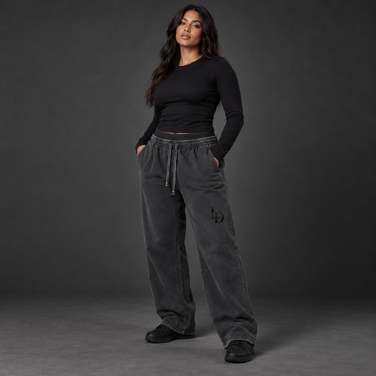 Tonal LD double-waist vintage-wash pants on model