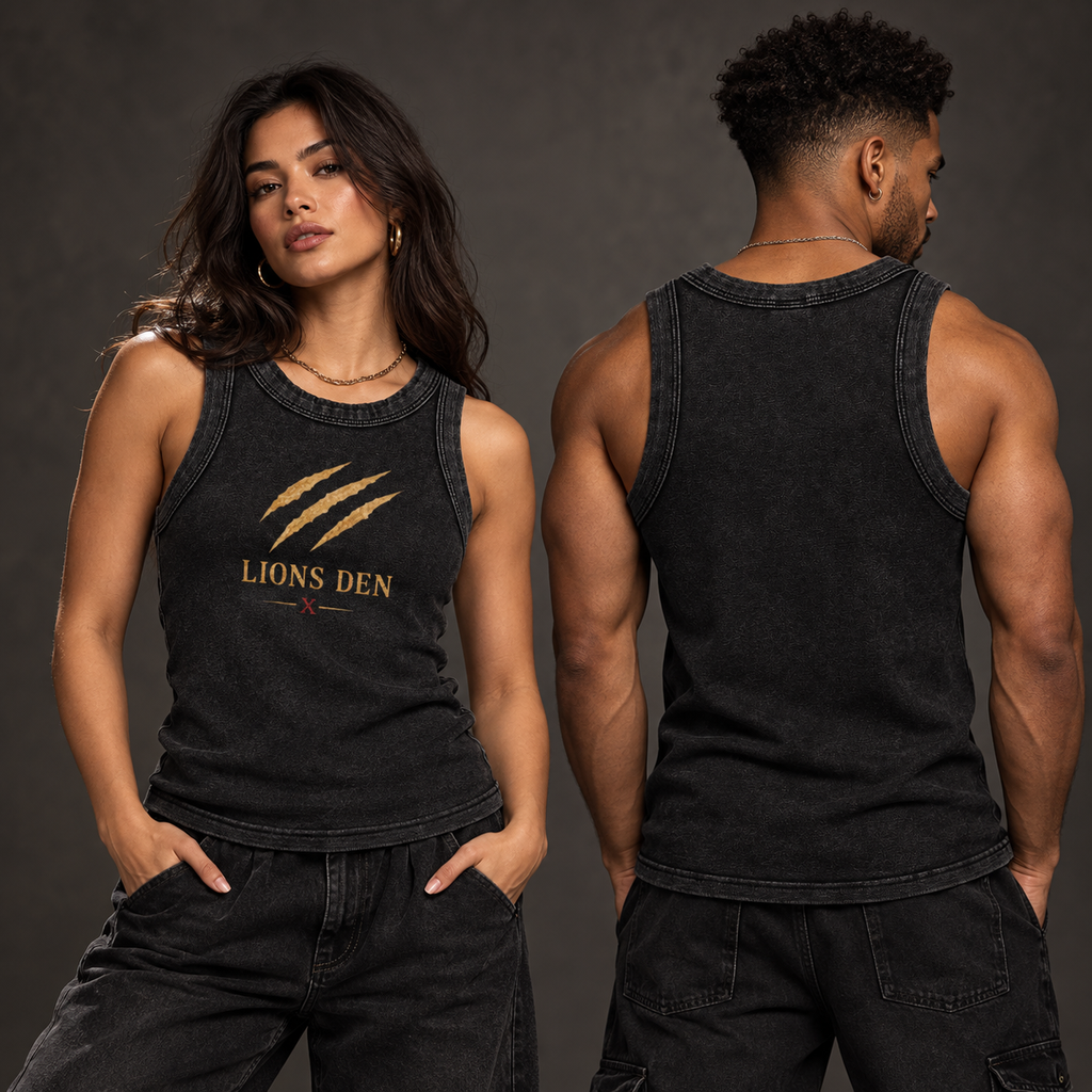 Two models wearing the black Lions Den Claw Signature snow-wash tank, shown from the front and blank back