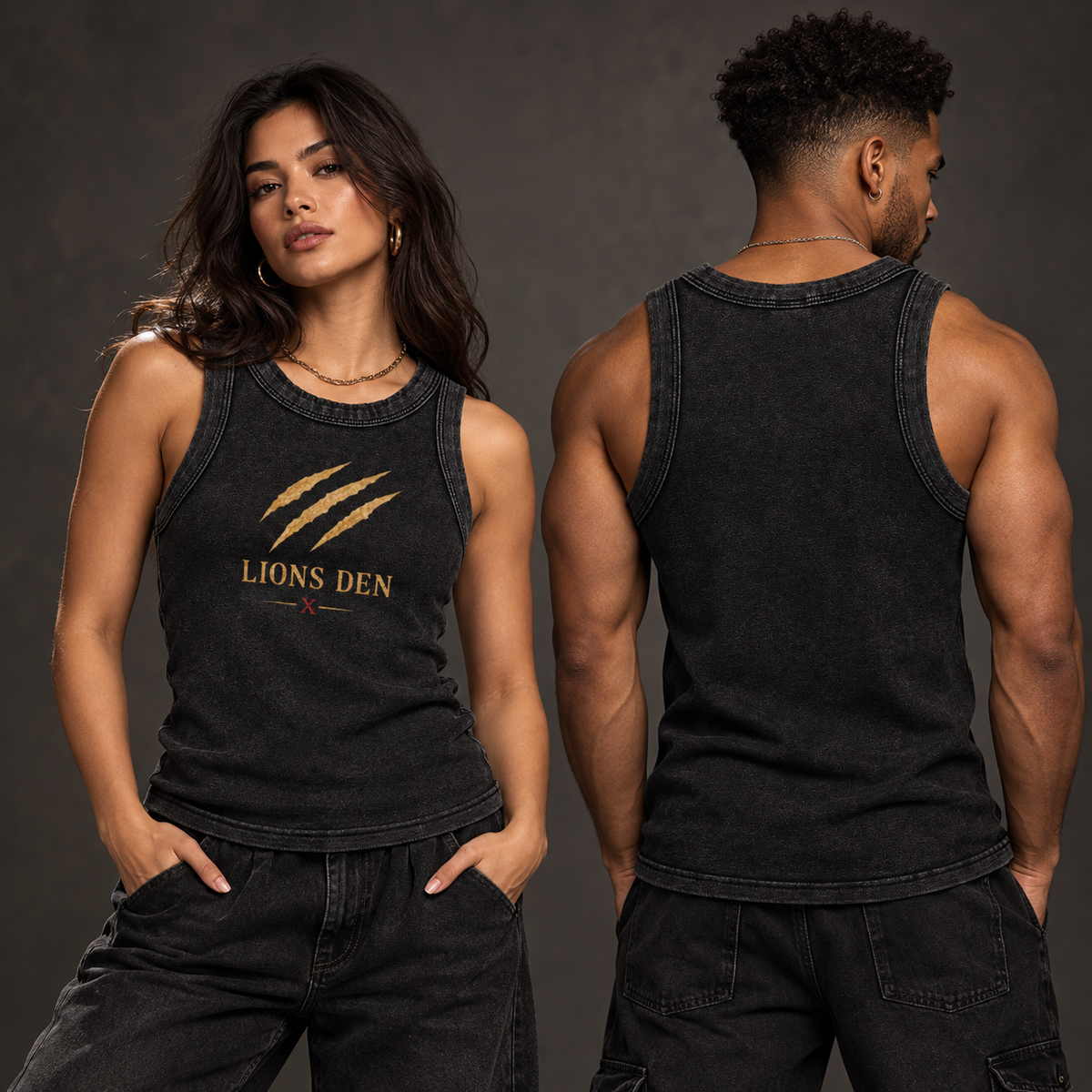 Two models wearing the black Lions Den Claw Signature snow-wash tank, shown from the front and blank back