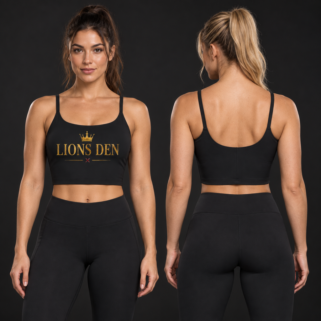 Two women model the black Lions Den crowned cami sports bra, showing the antique-gold front wordmark and plain scoop back.