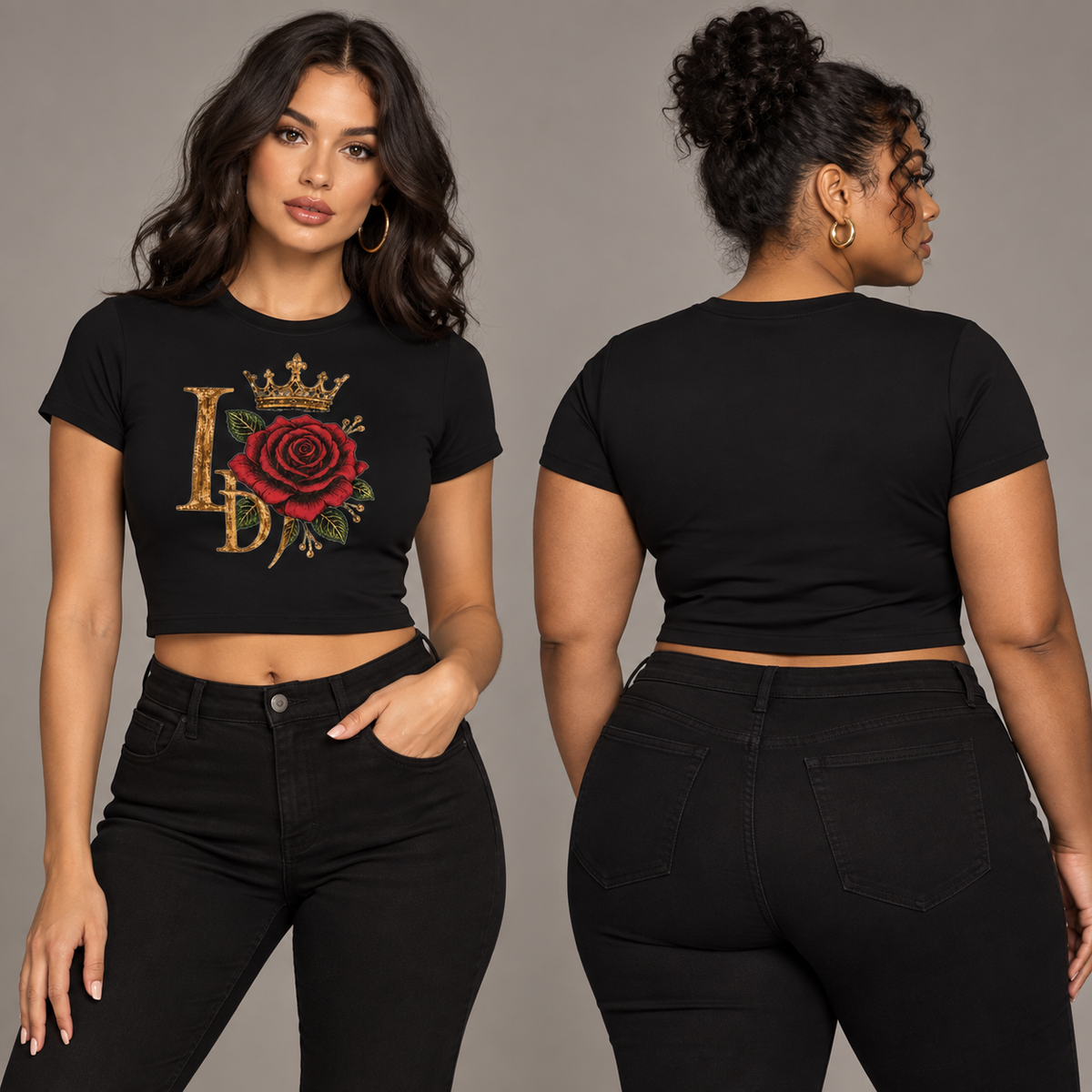 Two women modeling the black Lions Den crowned LD and rose cropped tee, showing the front artwork and plain back
