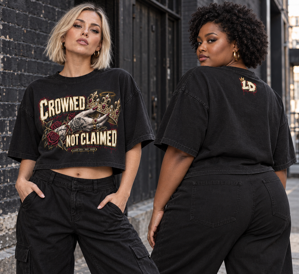 Women modeling the Lions Den Crowned Not Claimed loose crop tee