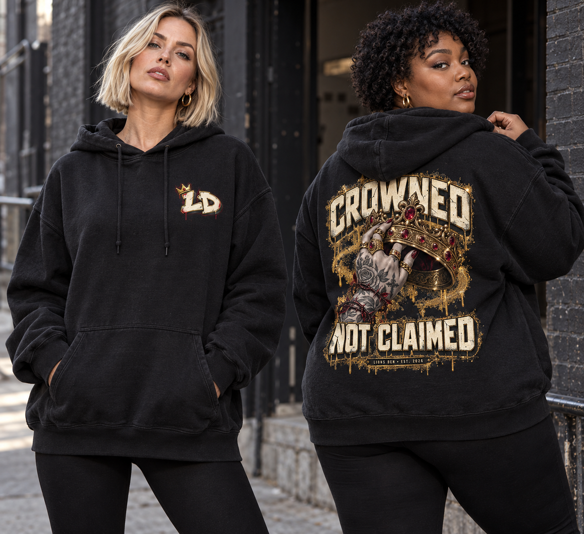 Women modeling the Lions Den Crowned Not Claimed oversized pullover hoodie