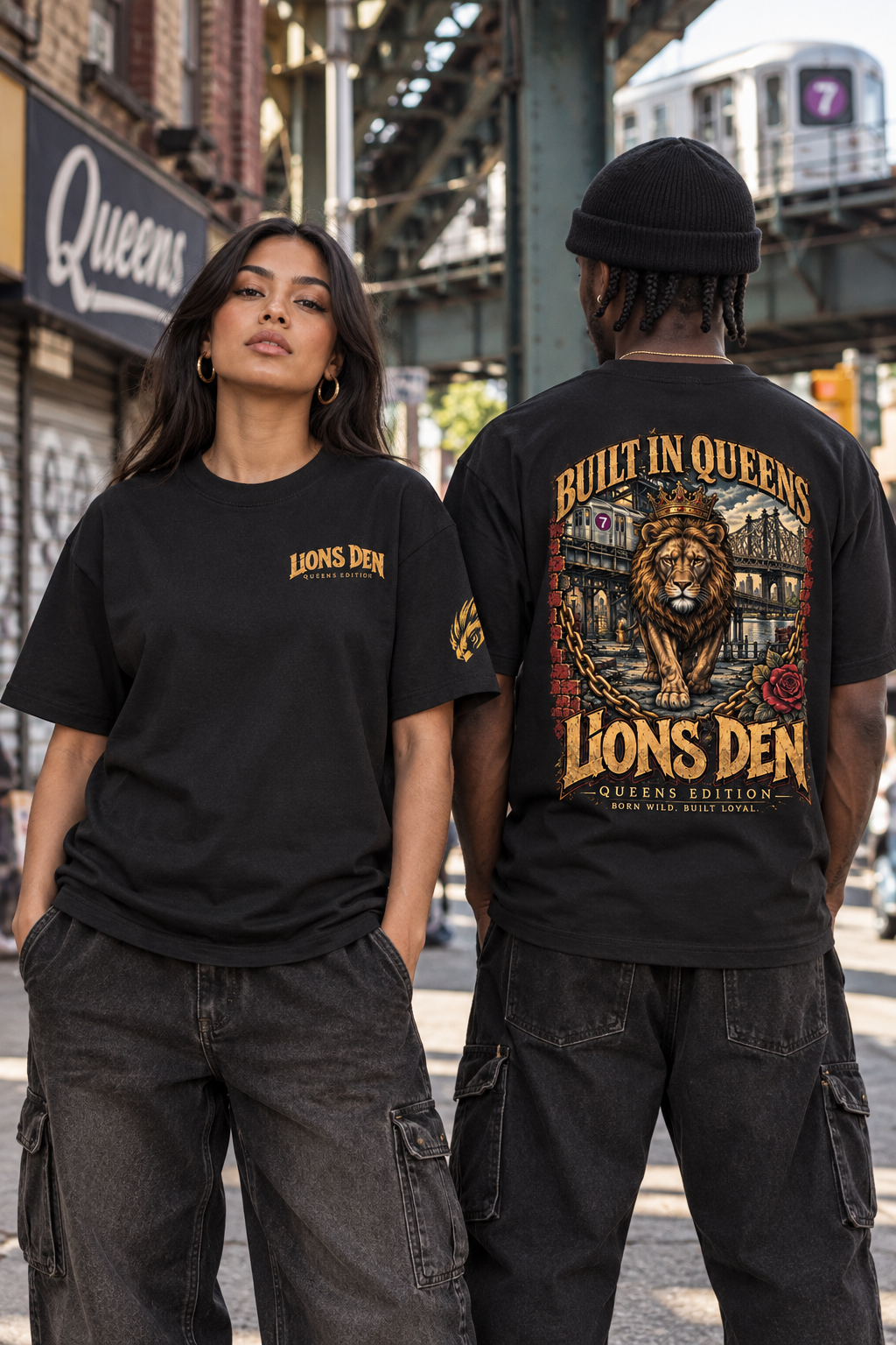 Two models wearing the Lions Den Built in Queens oversized tee