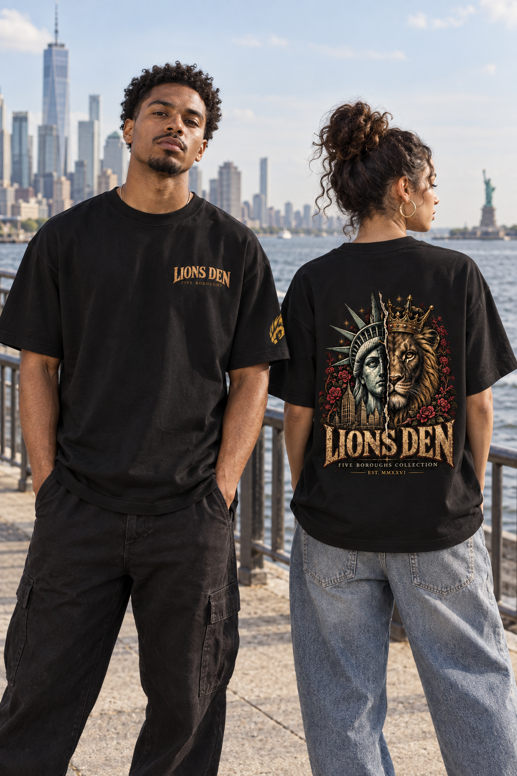 Two models wearing the Lions Den Five Boroughs Liberty lion oversized tee