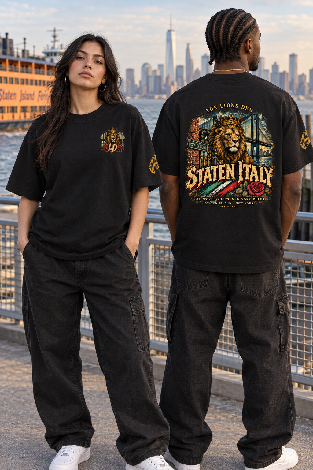 Two models wearing the Lions Den Staten Italy oversized tee