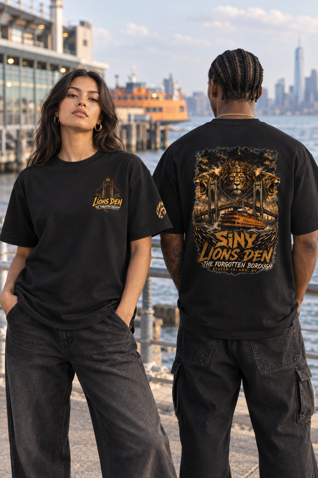 Two models wearing the Lions Den The Forgotten Borough Staten Island oversized tee