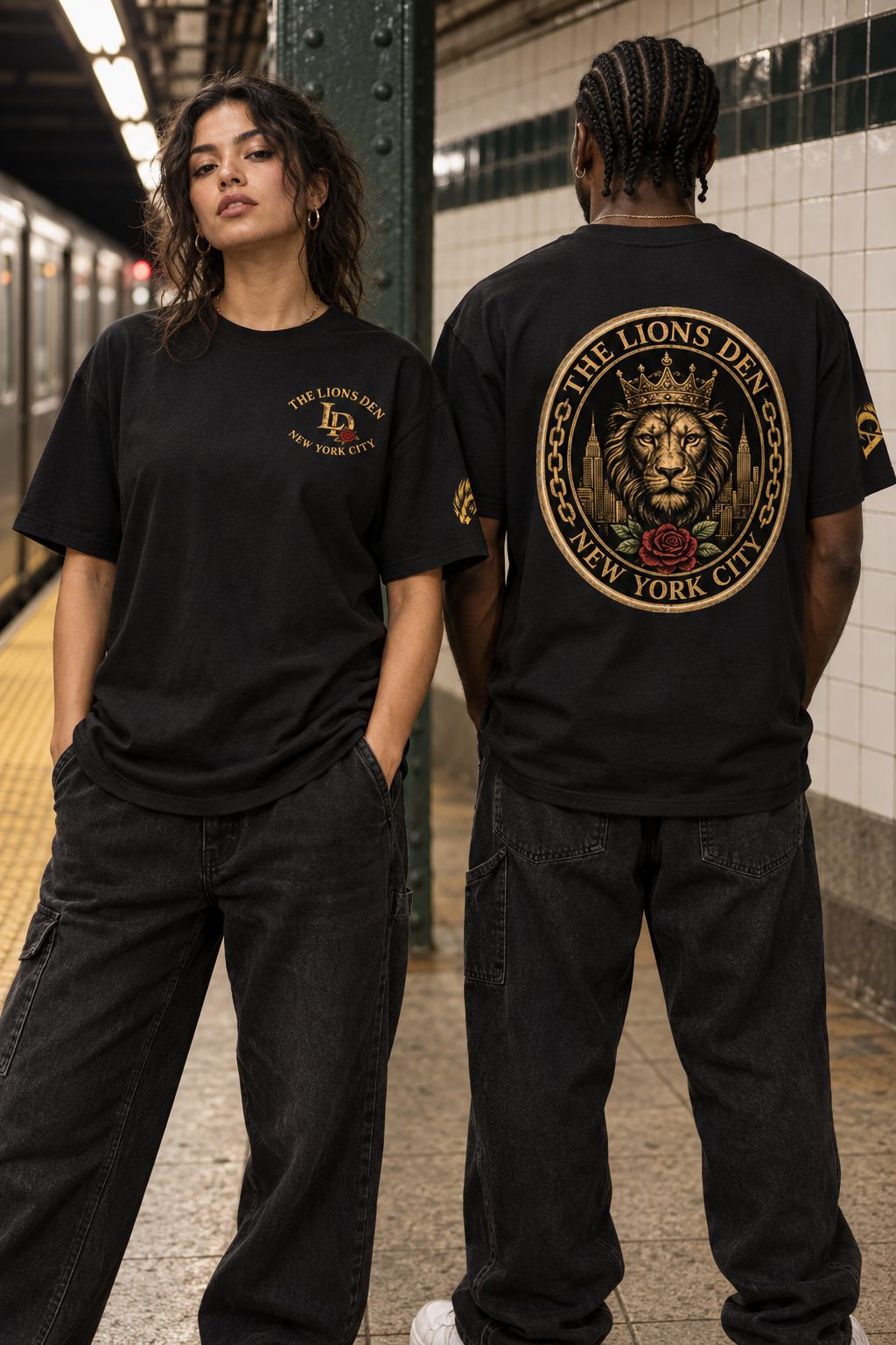 Two models wearing the Lions Den New York City emblem oversized tee