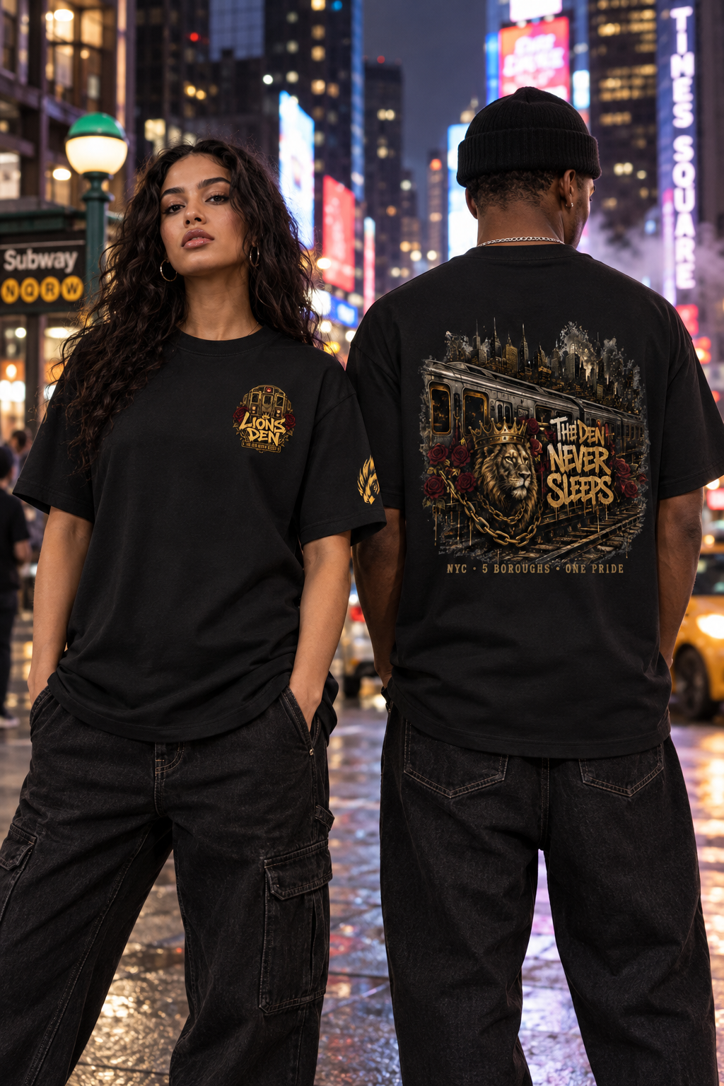 Two models wearing the Lions Den The Den Never Sleeps oversized tee
