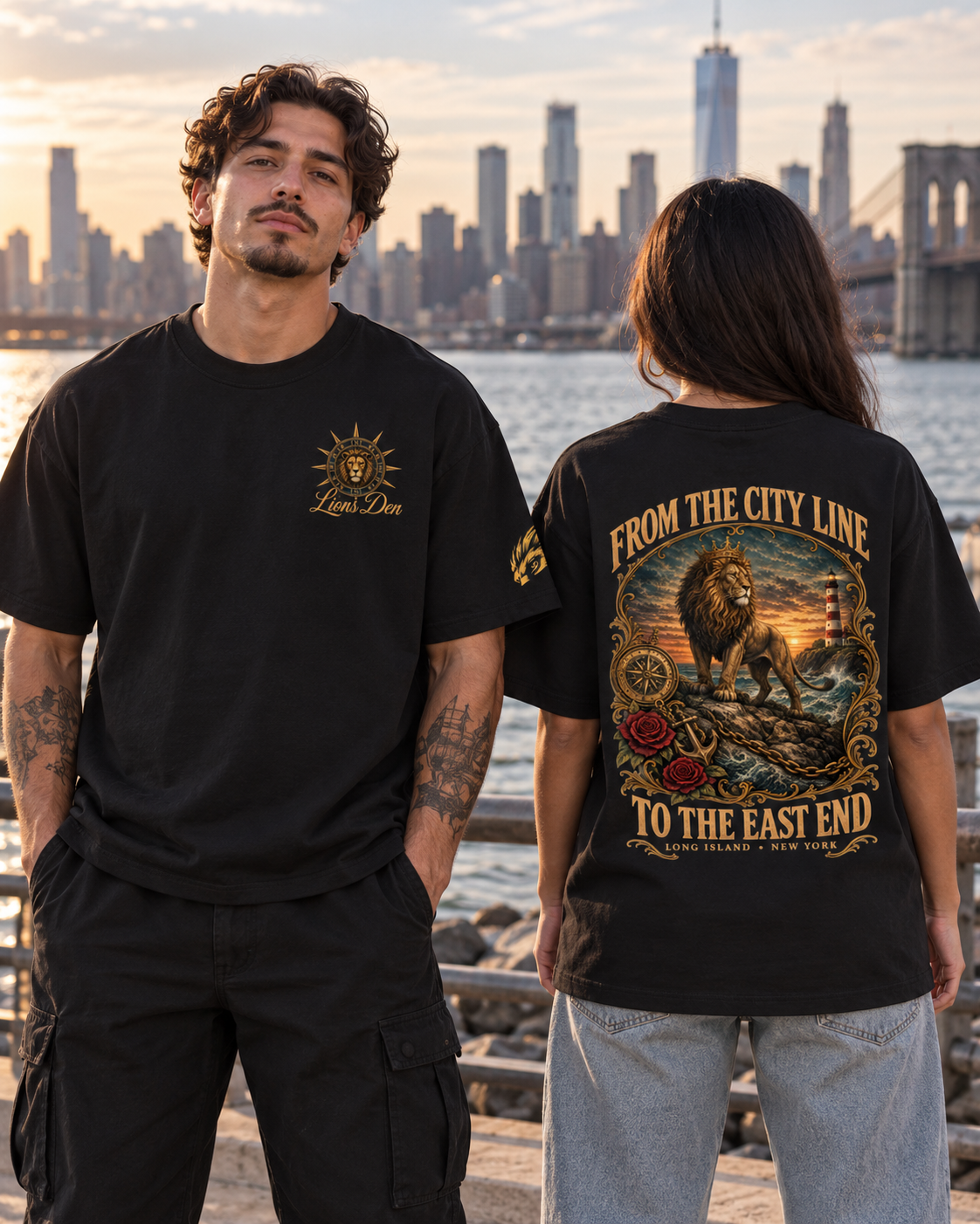Two models wearing the Lions Den From the City Line to the East End oversized tee