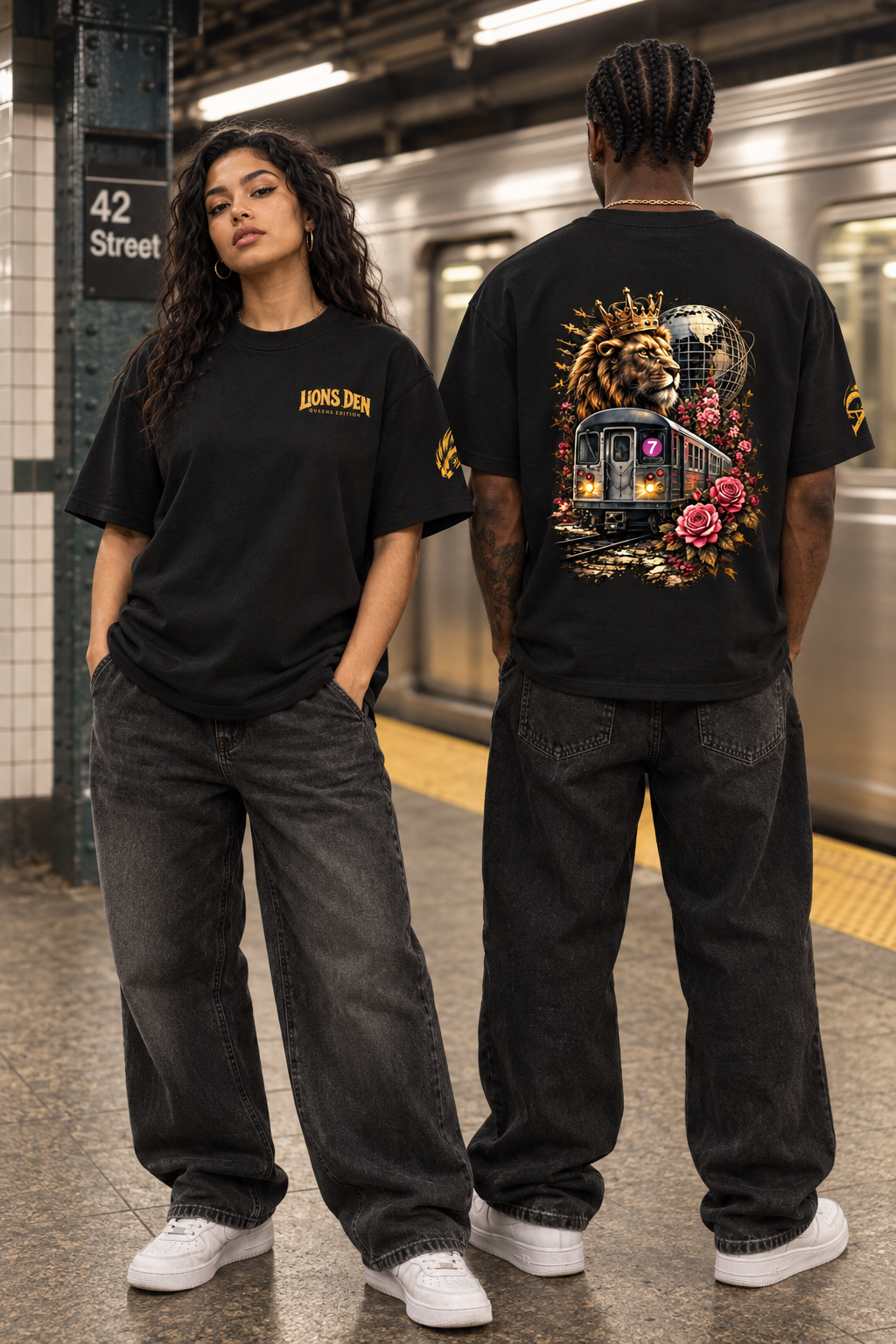 Two models wearing the Lions Den crowned subway train oversized tee