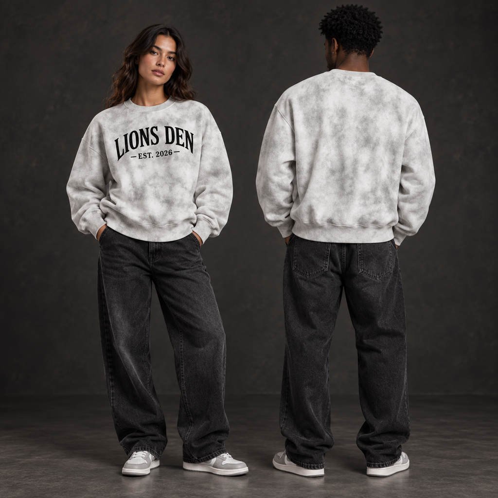 Two models wearing the cloud-gray Lions Den EST. 2026 dirty-wash boxy fleece sweatshirt, shown from the front and blank back