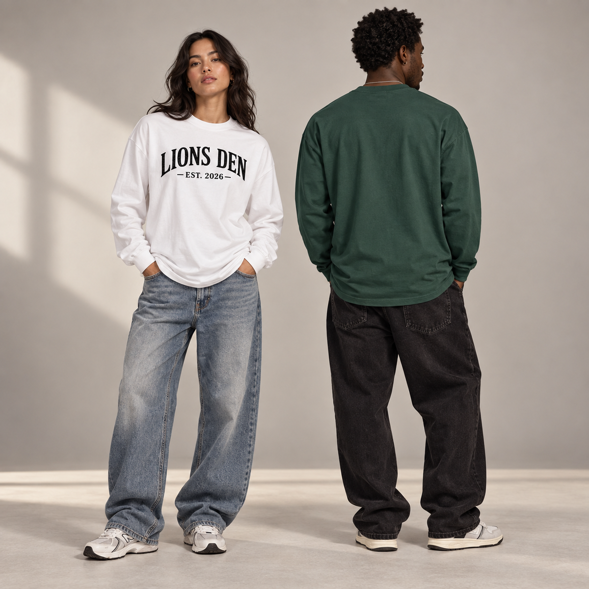 Two models wearing the Lions Den EST. 2026 essential cotton long-sleeve shirt in white and forest green, shown from the front and blank back
