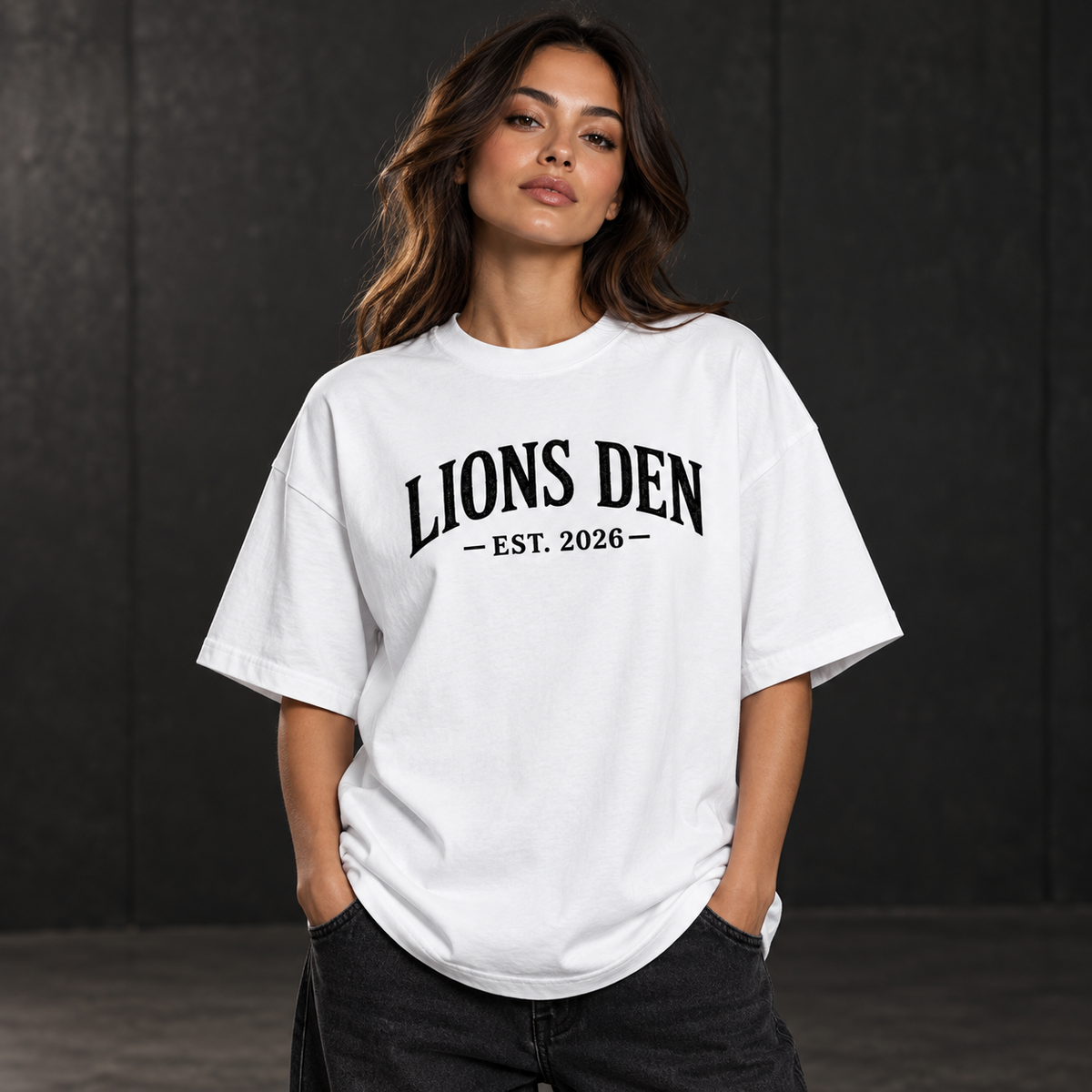 Lions Den EST 2026 Oversized Drop-Shoulder Tee on model